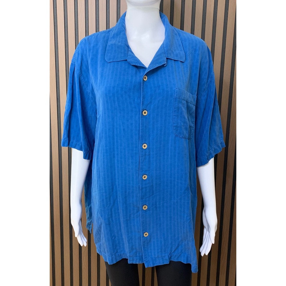 Tommy Bahama Men's XL Blue 100% Silk Short Sleeve Button Down Camp Shirt Stripe